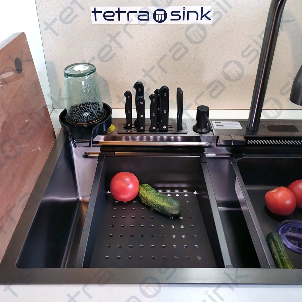 Multifunctional kitchen sink | Tetra Sink | 4KNS30475TS | set А | Multifunctional sink for kitchen with deep trough and high-quality waterfall mixer - Tetrasink
